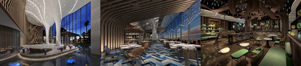 从左至右：常州星河万丽酒店大堂效果图、燃餐厅效果图、万丽轩中餐厅效果图